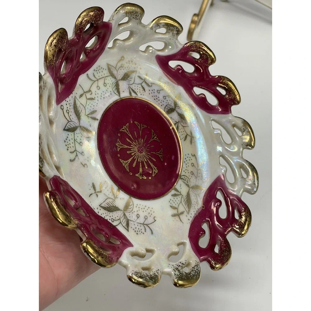 Vintage Lefton Saucer Plate 424 Lusterware Reticulated Ceramic Hand‎ Painted S2